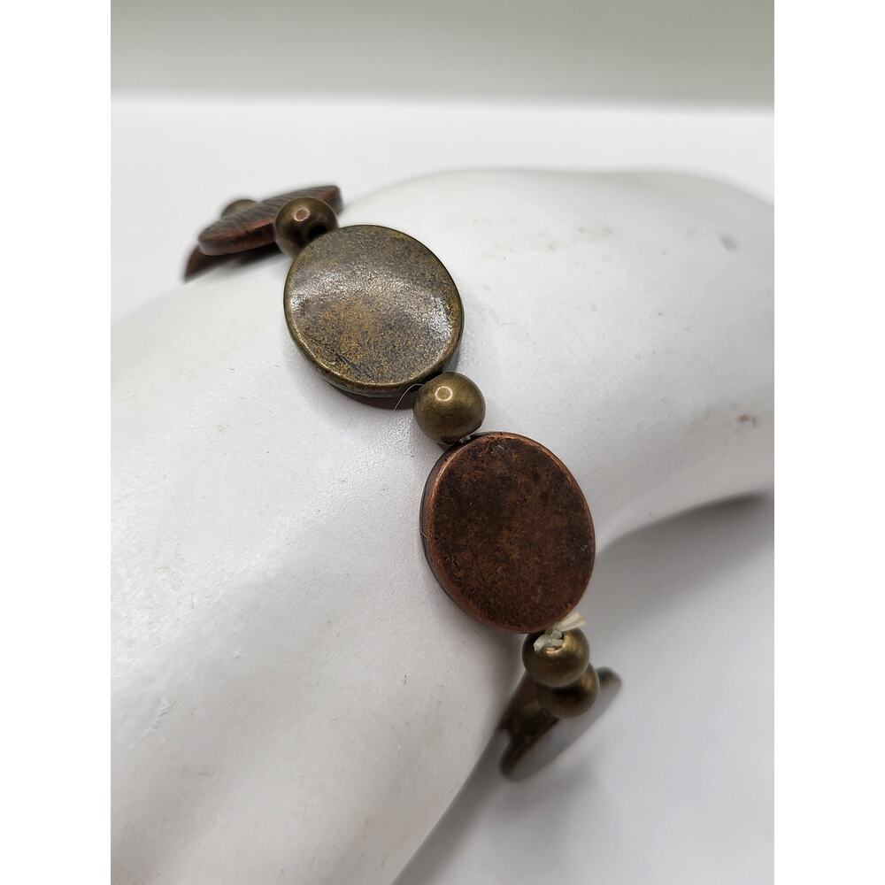 Vintage Copper & Brass Stretch Bracelet Mixed Textured Ovals Boho Rustic Style